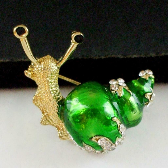 Vintage Jewelry - SOLD green enamel snail rhinestone brooch pin